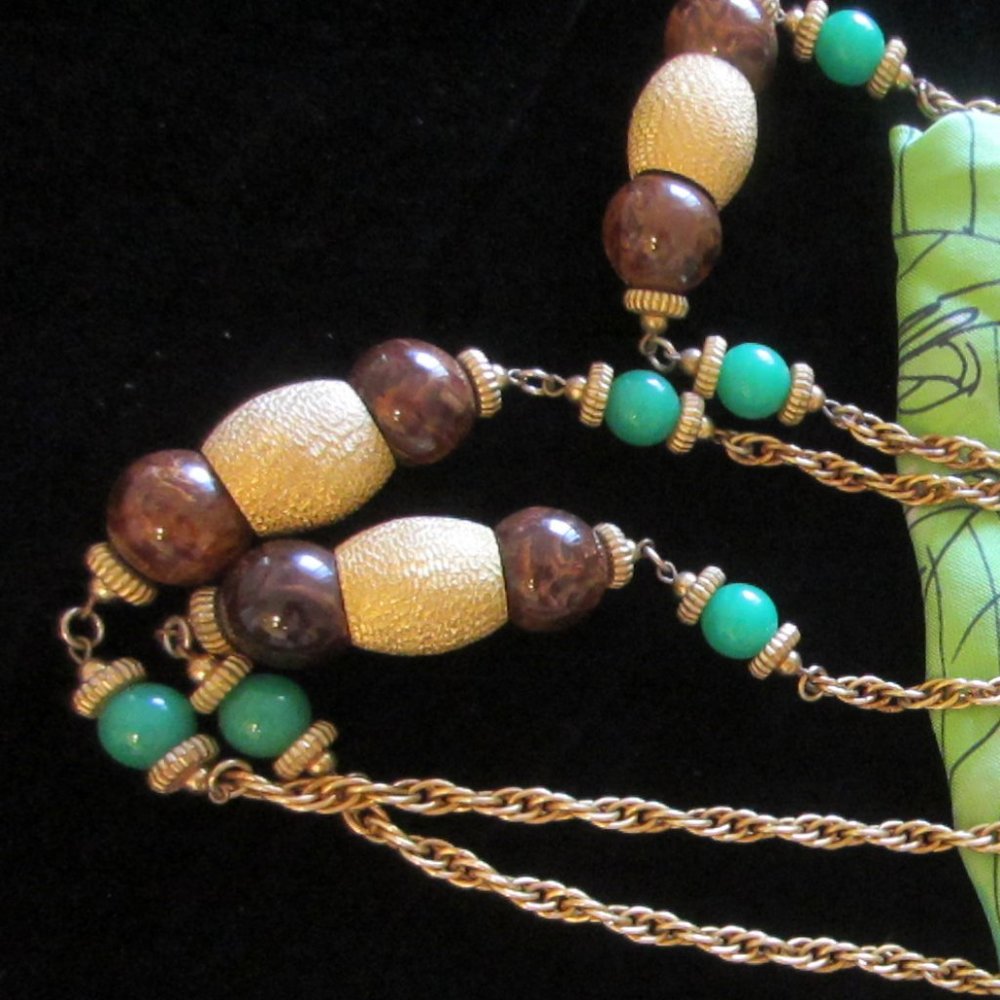 Cadoro Long Chain Necklace Decorated Large Green & Gold Beads Designer Tag Mark
